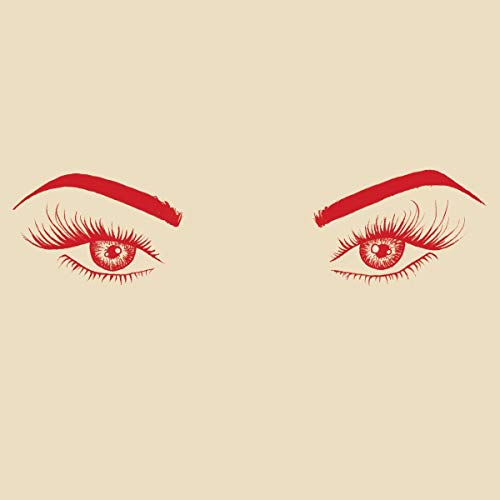 Red illustrated eyes with long lashes on a beige background.