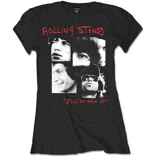 Black women's fitted t-shirt with Rolling Stones "Exile on Main St." graphic.