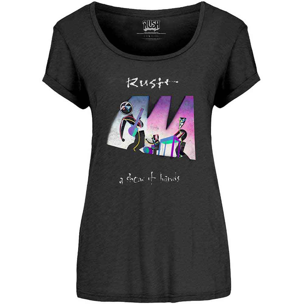Black women’s t-shirt with Rush “A Show of Hands” album art.