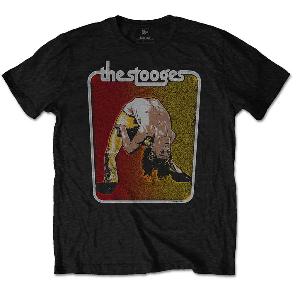 Black t-shirt with a graphic of Iggy Pop bending over backwards.