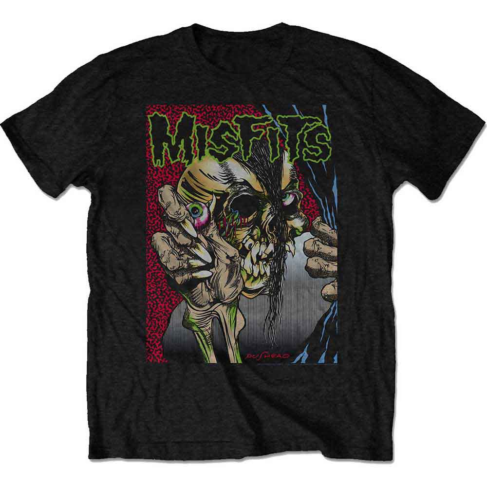 Black t-shirt with a graphic of a zombie-like skull and “Misfits” text.