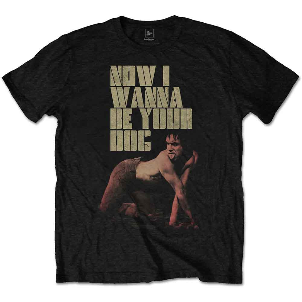Black t-shirt with graphic of a man in a dog pose and text.
