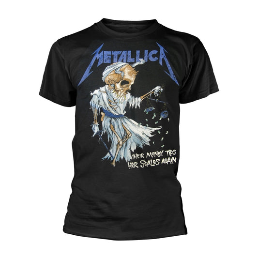 Black Metallica t-shirt with a skull and scales graphic.