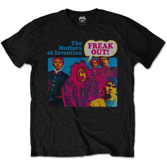 Black t-shirt with colorful illustration of a band and text "Freak Out!".