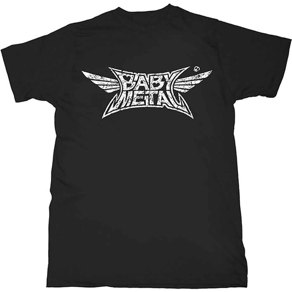 Black t-shirt with a white, distressed "BABYMETAL" logo design.