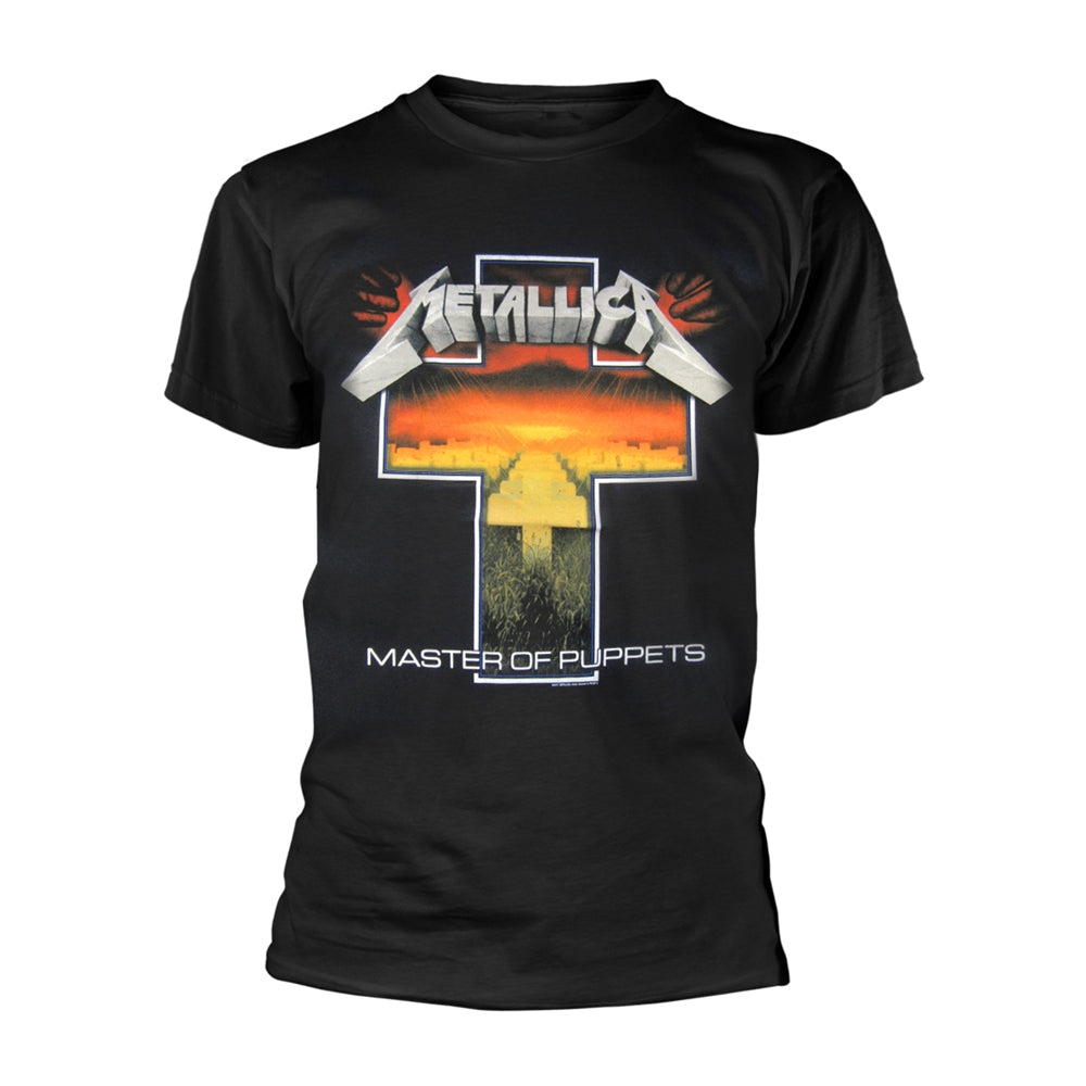 Black t-shirt with Metallica’s “Master of Puppets” album cover graphic.