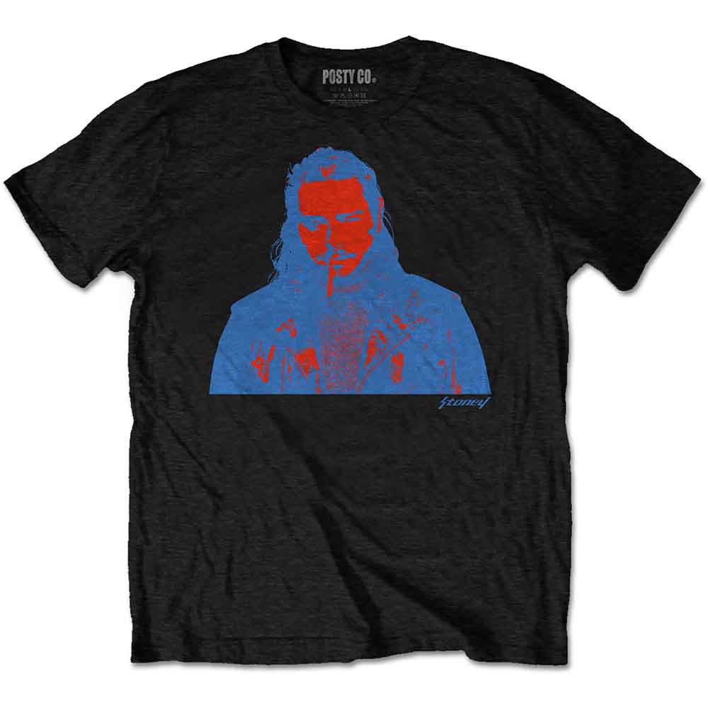 Black unisex t-shirt with a red and blue graphic portrait.