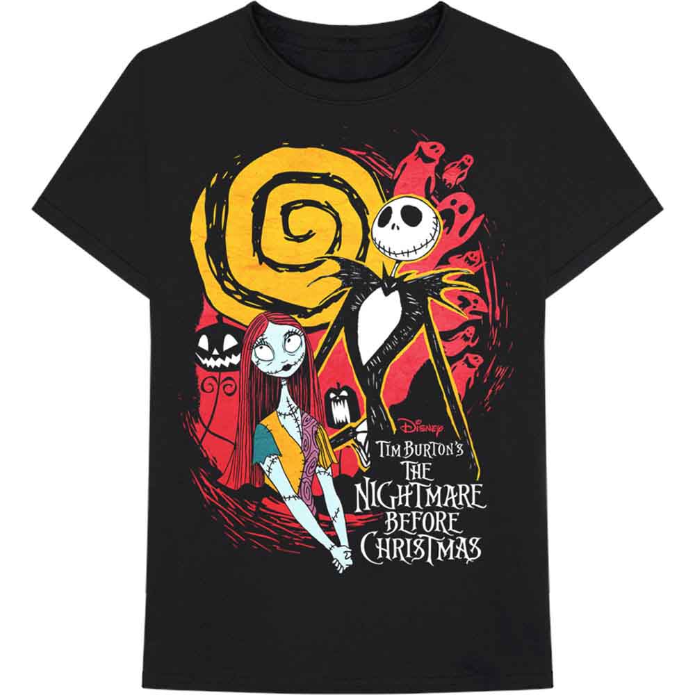 Black t-shirt featuring Jack and Sally from The Nightmare Before Christmas.