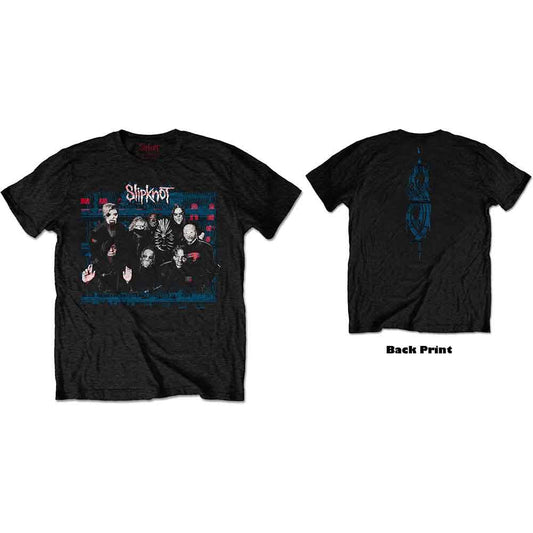 Black t-shirt with Slipknot band members graphic print.