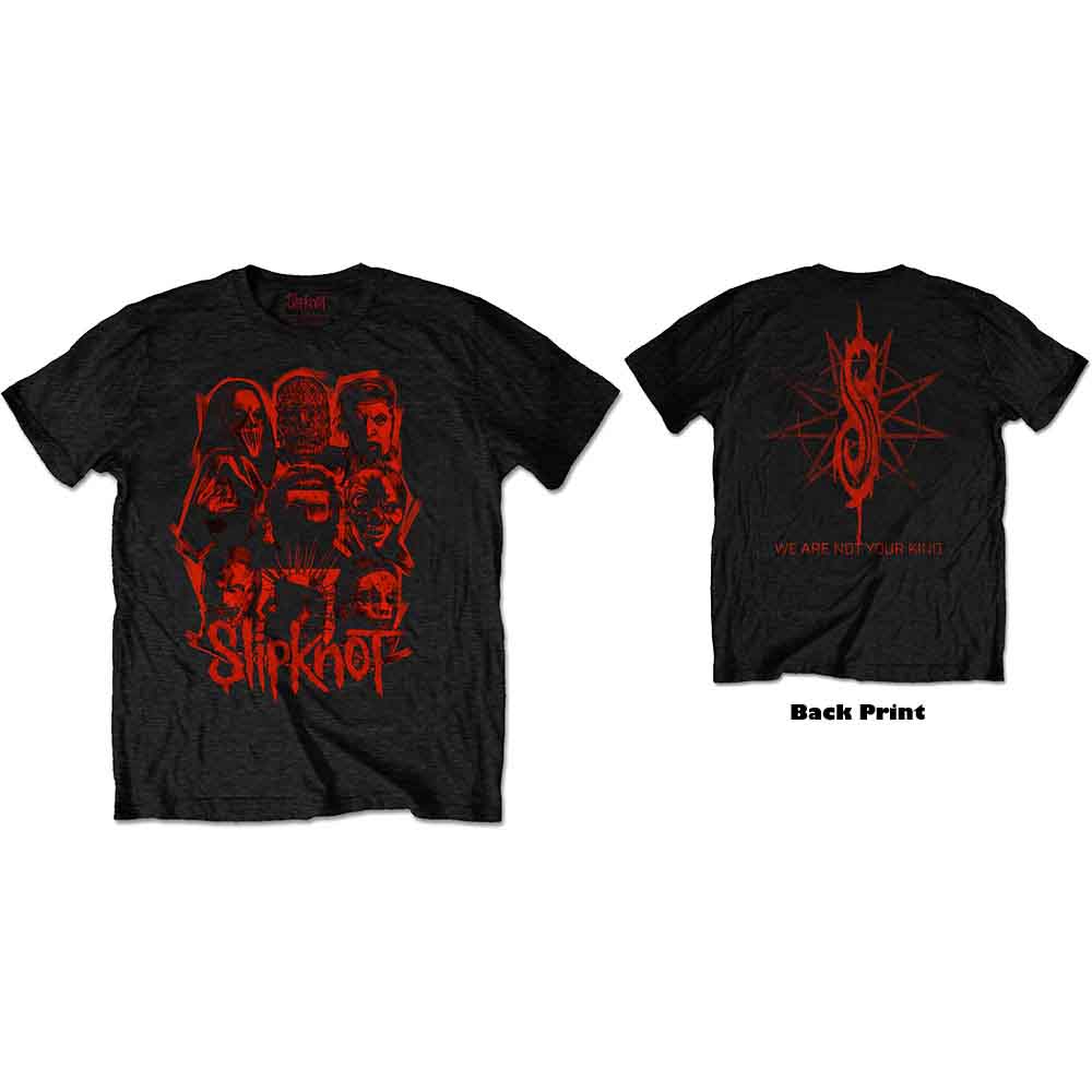 Black t-shirt with red Slipknot band member graphic print.