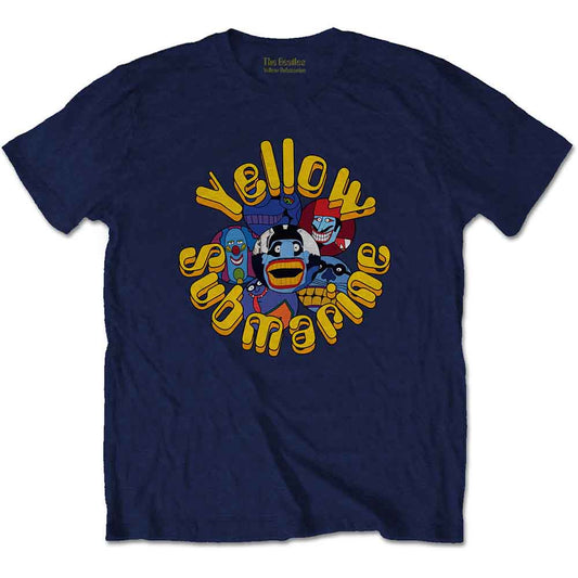 Navy blue t-shirt with a circular "Yellow Submarine" cartoon design.