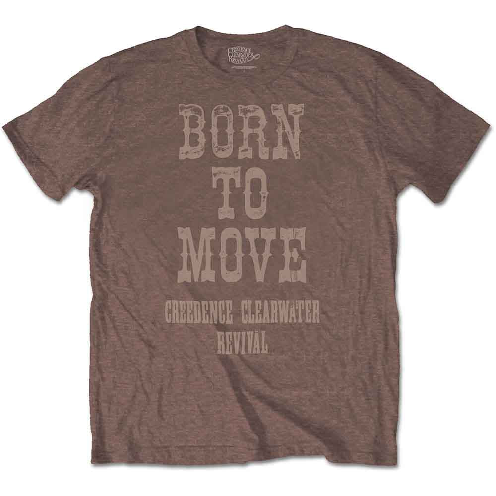 Brown unisex t-shirt with “Born to Move” and band name text.