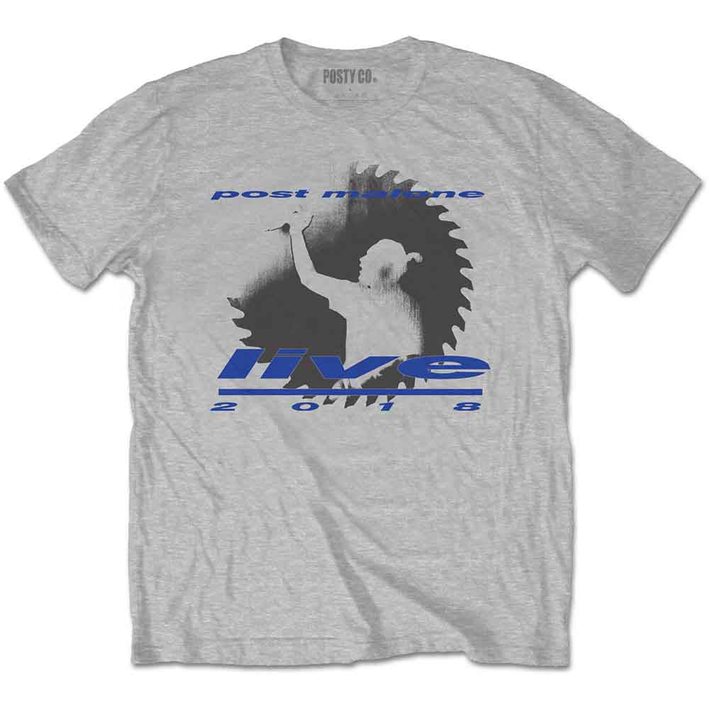 Grey t-shirt with blue "Live Saw" graphic worn by a man.