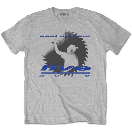 Grey t-shirt with blue "Live Saw" graphic worn by a man.