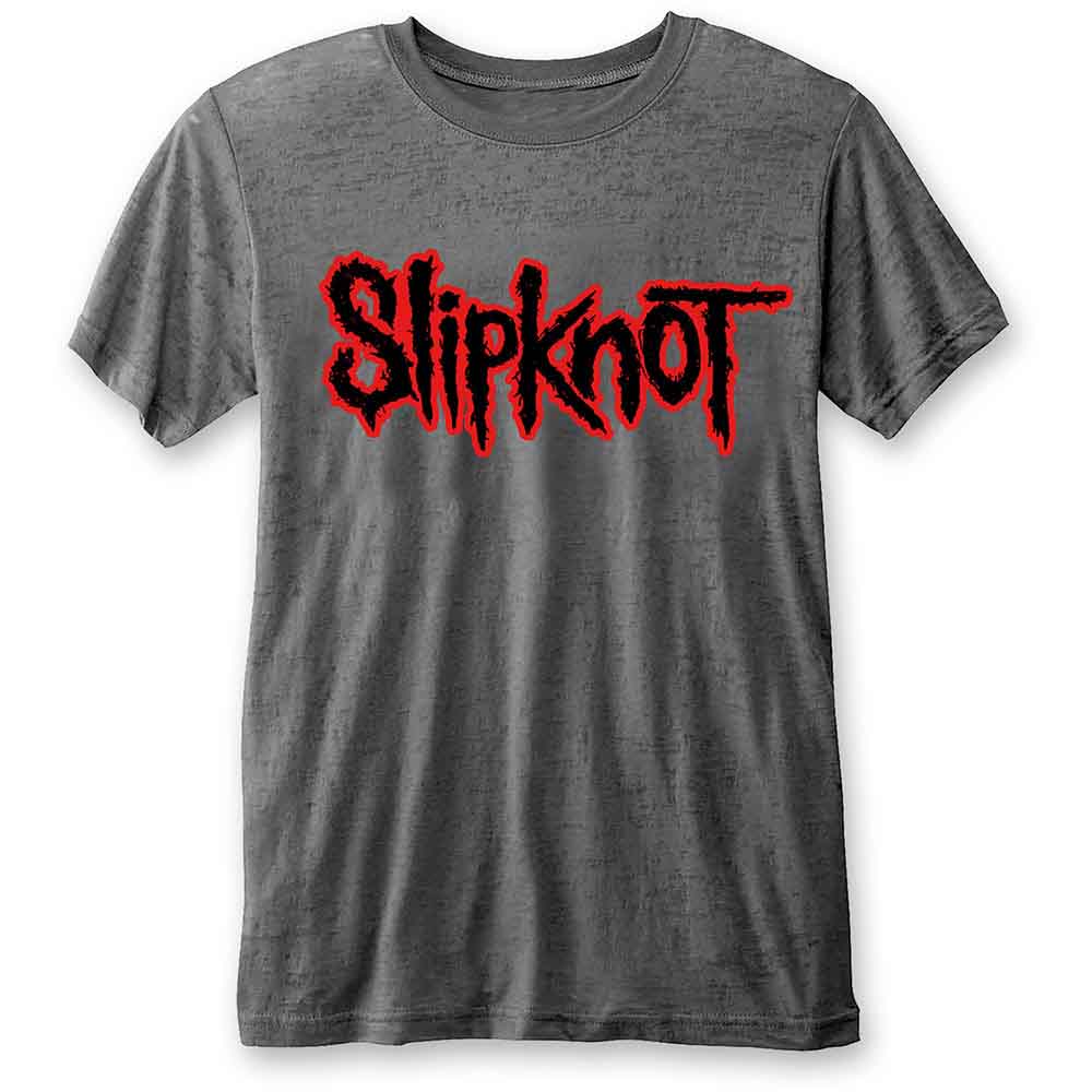Grey t-shirt with a red and black "Slipknot" logo printed on the front.