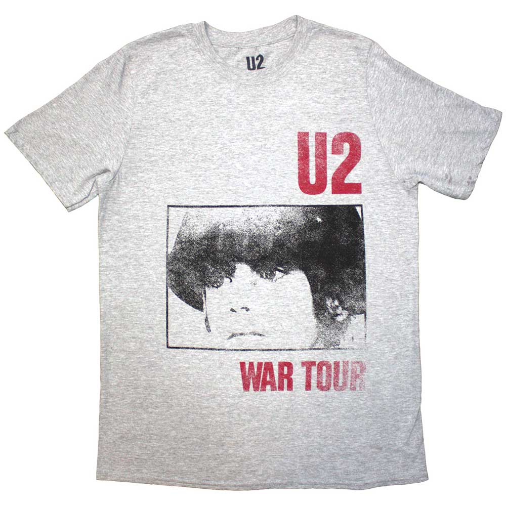 Grey U2 t-shirt with a portrait and "War Tour" graphic.
