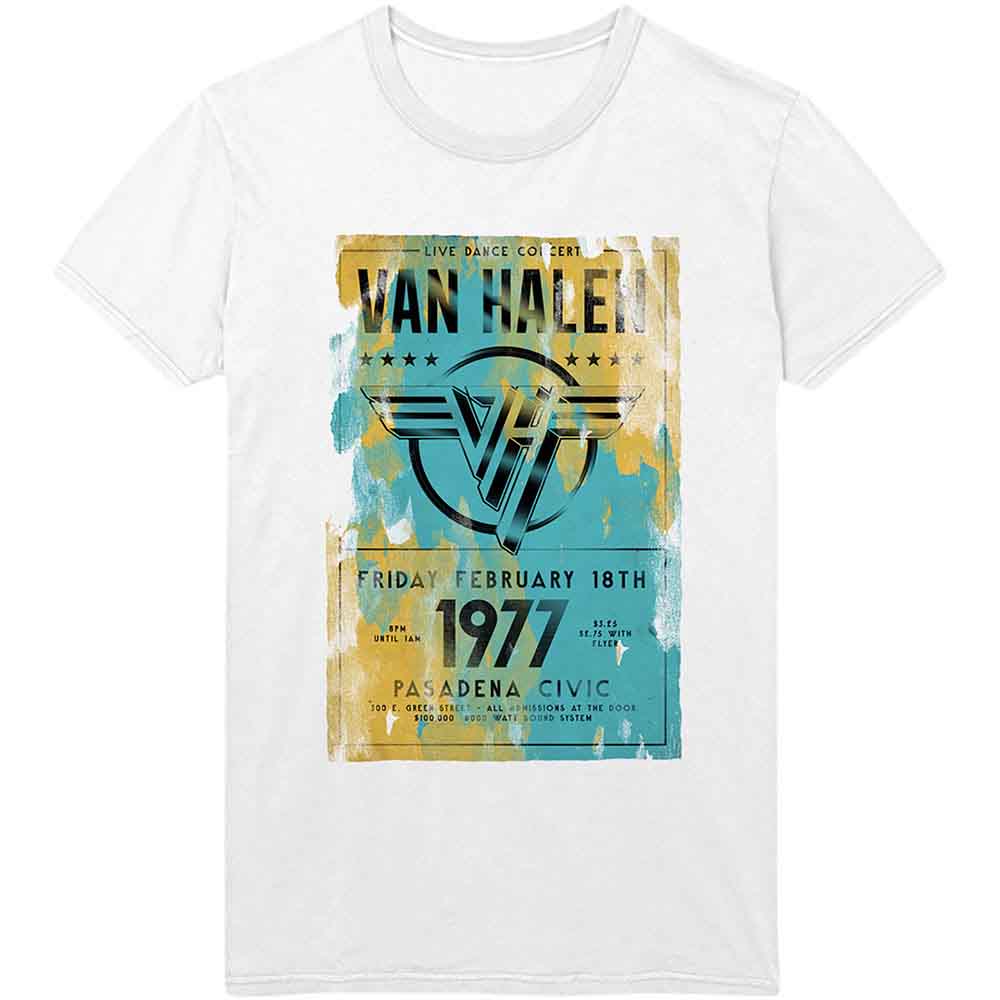White unisex t-shirt with a vintage Van Halen concert graphic.