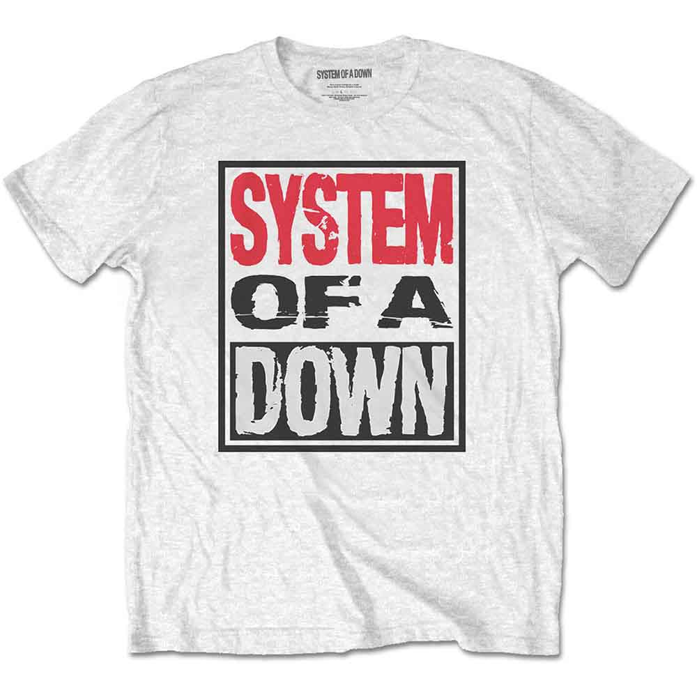White unisex t-shirt with a boxed System of a Down graphic in red and white.