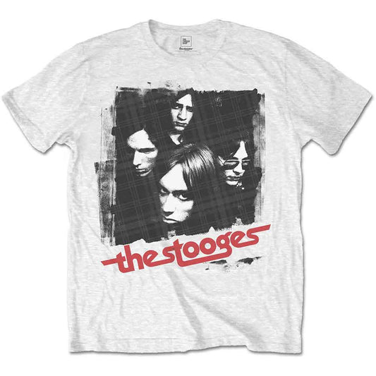 White t-shirt with black and white graphic of The Stooges band members.