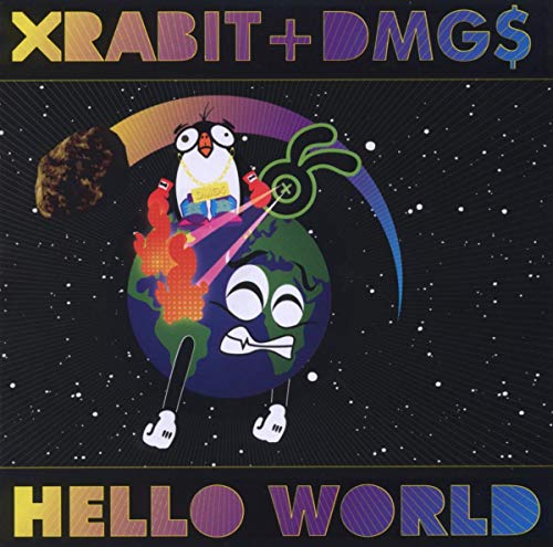 CD cover: cartoon penguin on Earth with asteroid, text "Hello World".