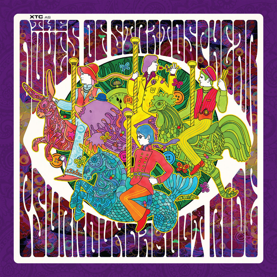 Psychedelic album cover featuring figures on fantastical creatures, vibrant colors.