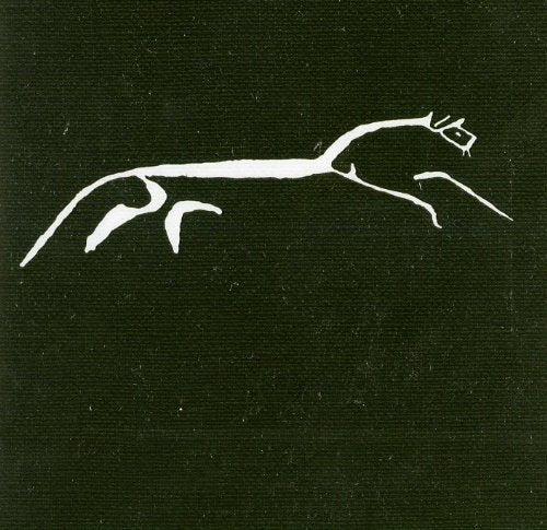 A white line drawing of a running horse on a dark green textured background.