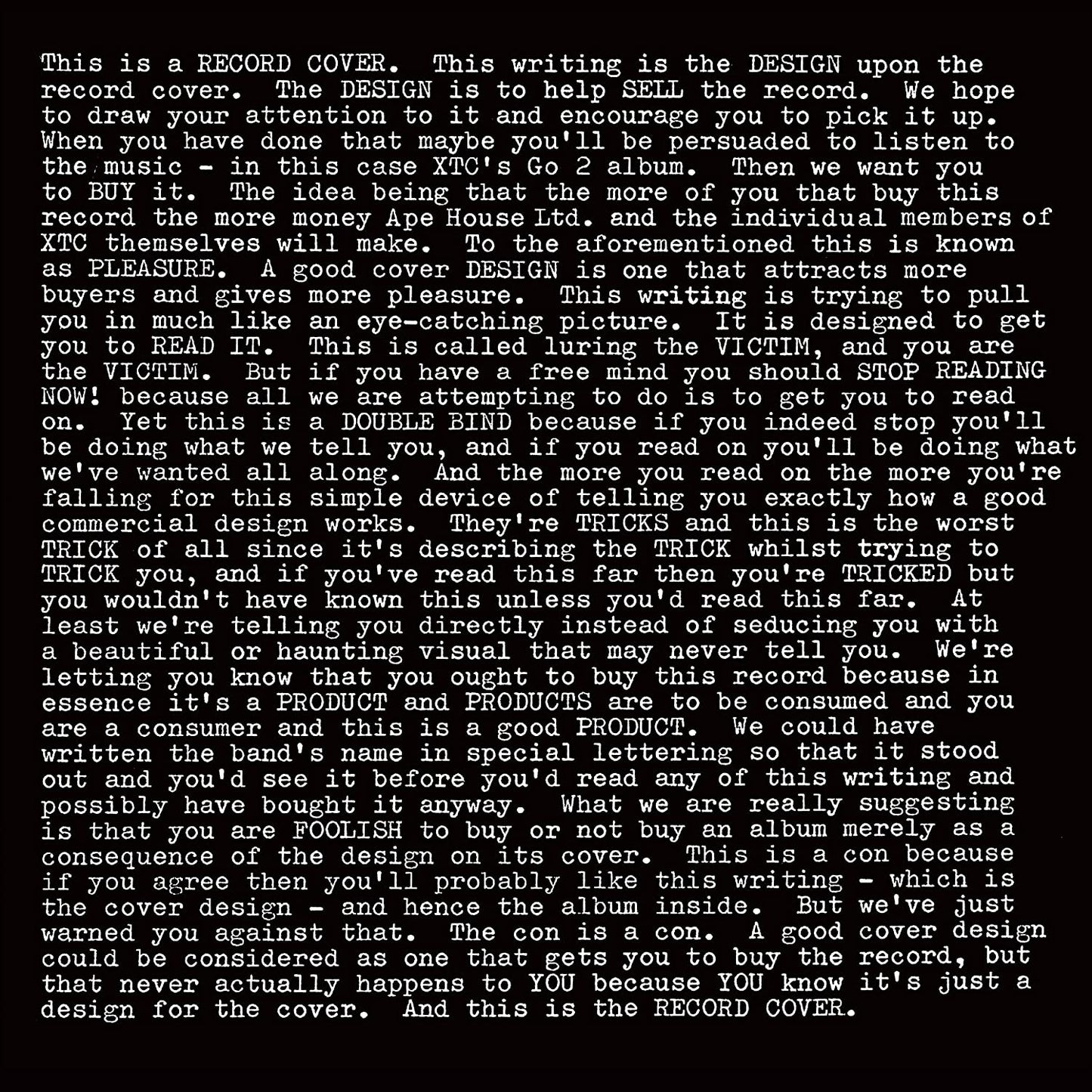 Black vinyl record cover featuring white text explaining the design philosophy of the album.