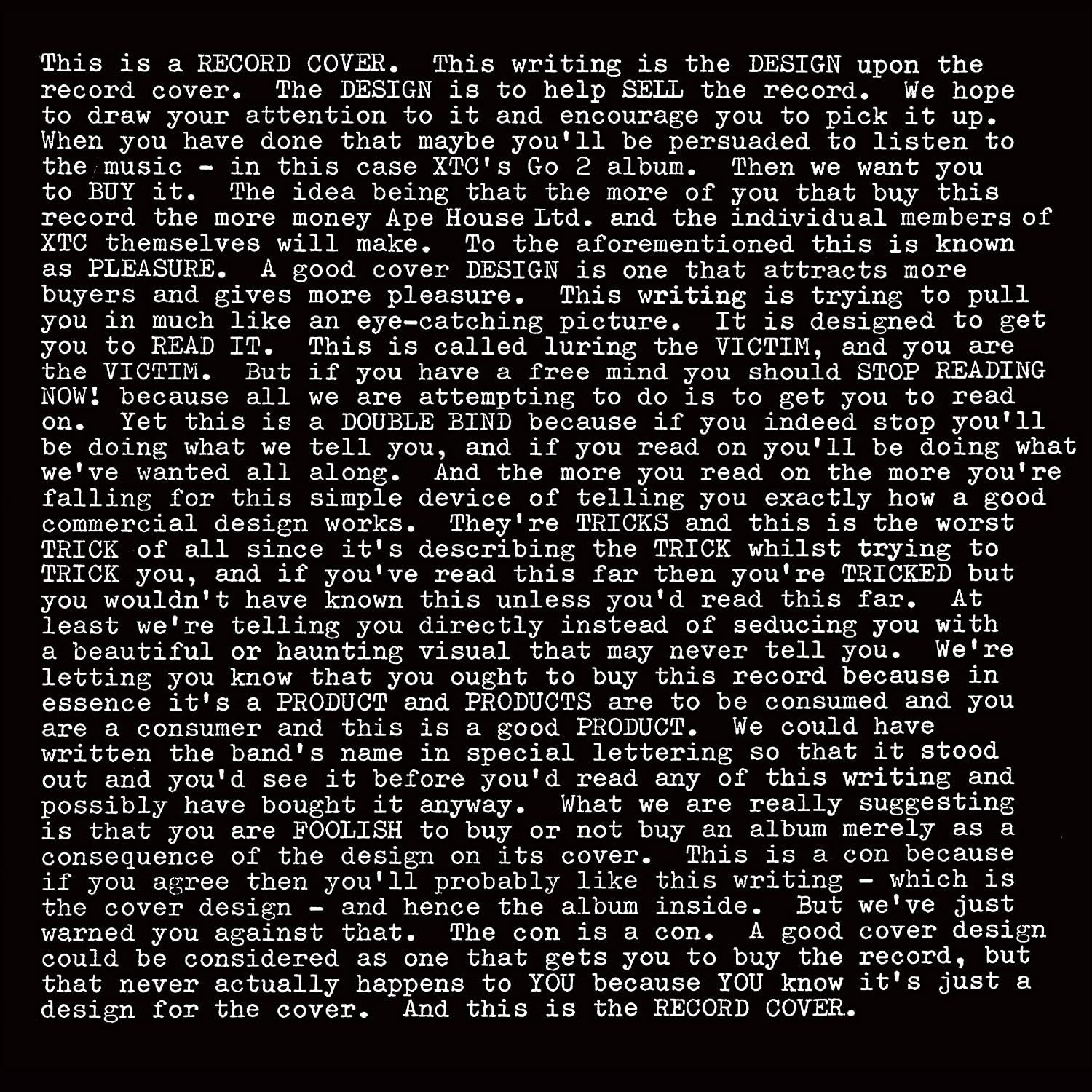 Black vinyl record cover featuring white text explaining the design philosophy of the album.