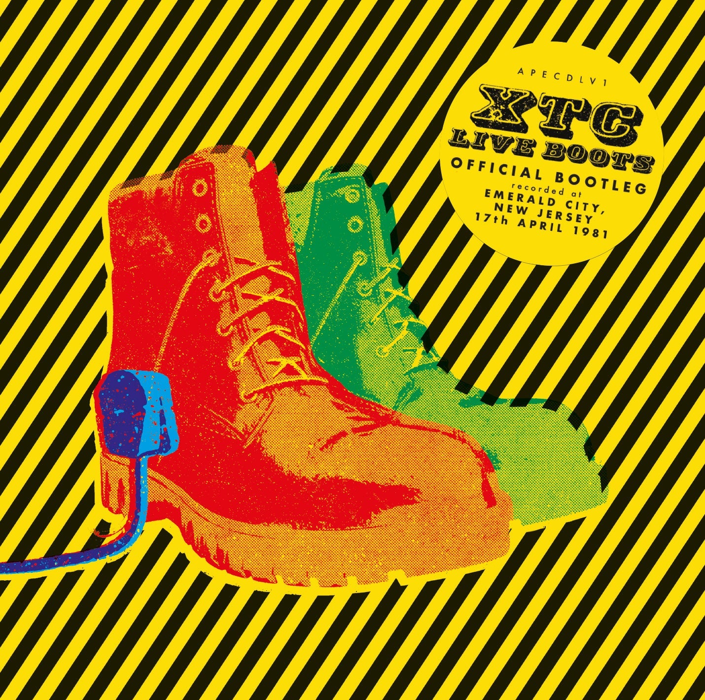 Red and green work boots on a yellow and black striped background with text.