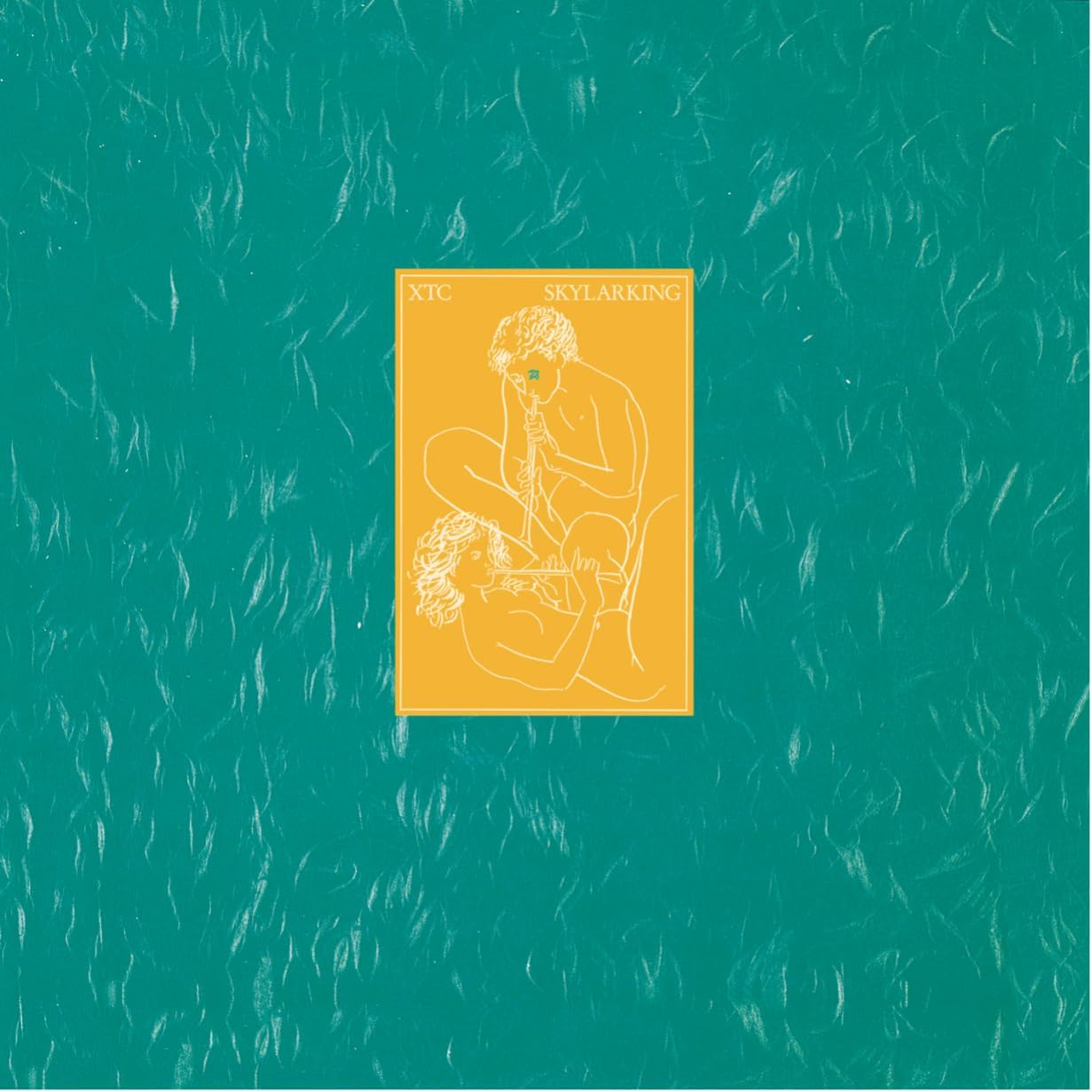 Album cover featuring a yellow rectangle with line art of two figures on teal.
