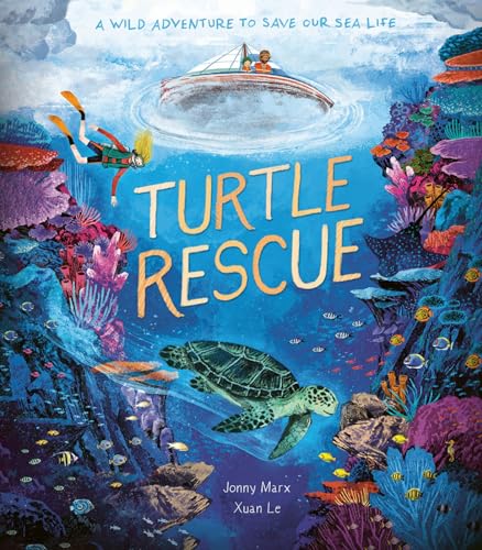 A sea turtle swims in a vibrant coral reef below a boat and diver.