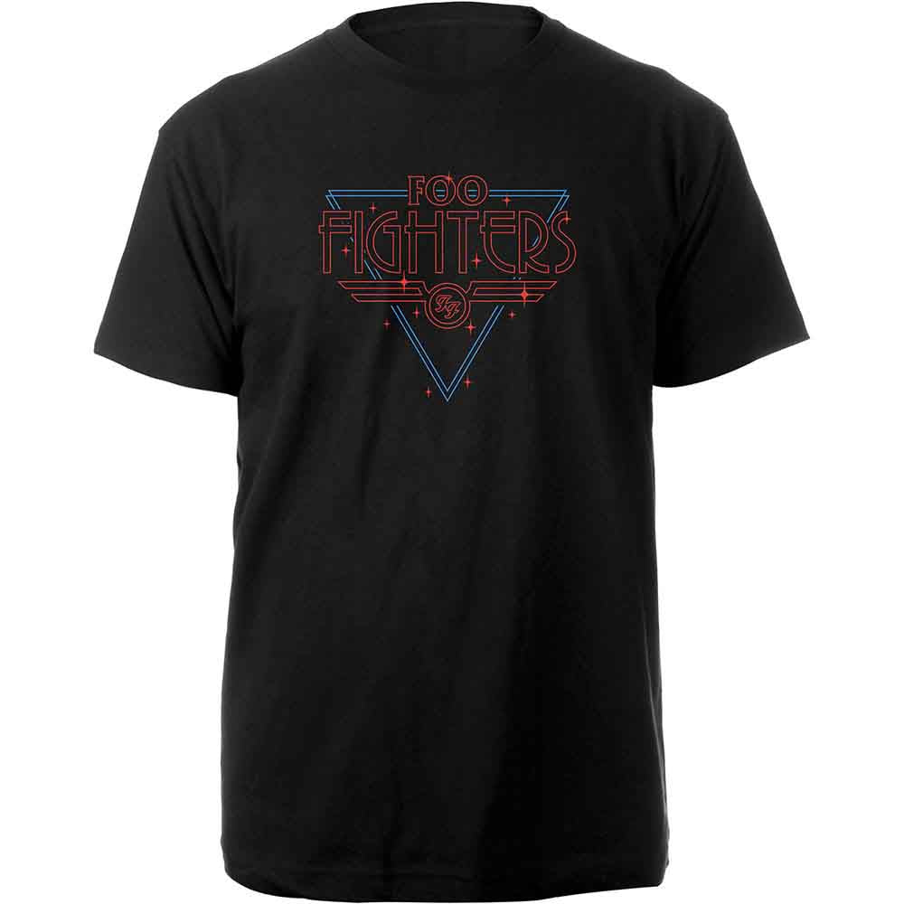 Black t-shirt with a red and blue “Foo Fighters” disco-style graphic.