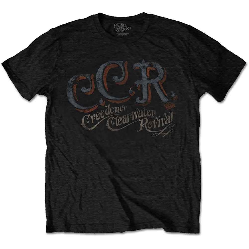 Black t-shirt with distressed CCR band logo and text print.