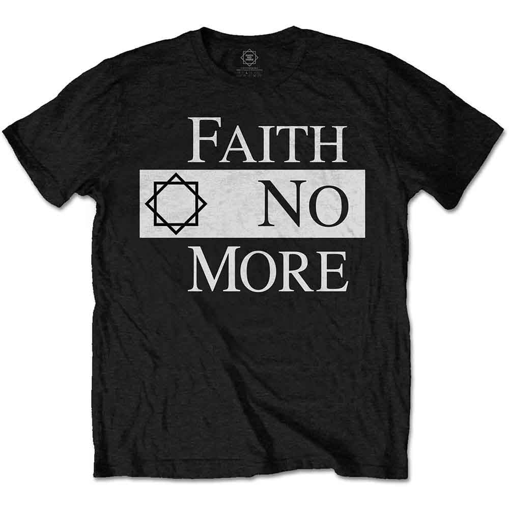 White t-shirt with black "Faith No More" logo and star design.