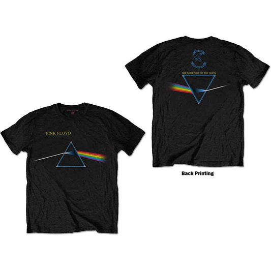 A man wearing a black Pink Floyd Dark Side of the Moon t-shirt.