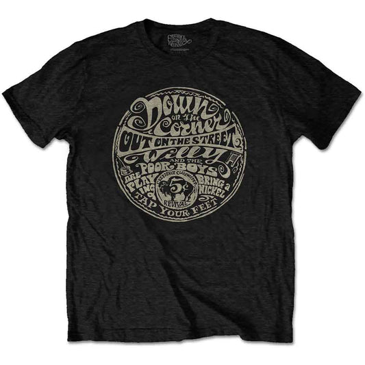 Black t-shirt with circular graphic text: "Down on the Corner" and band names.