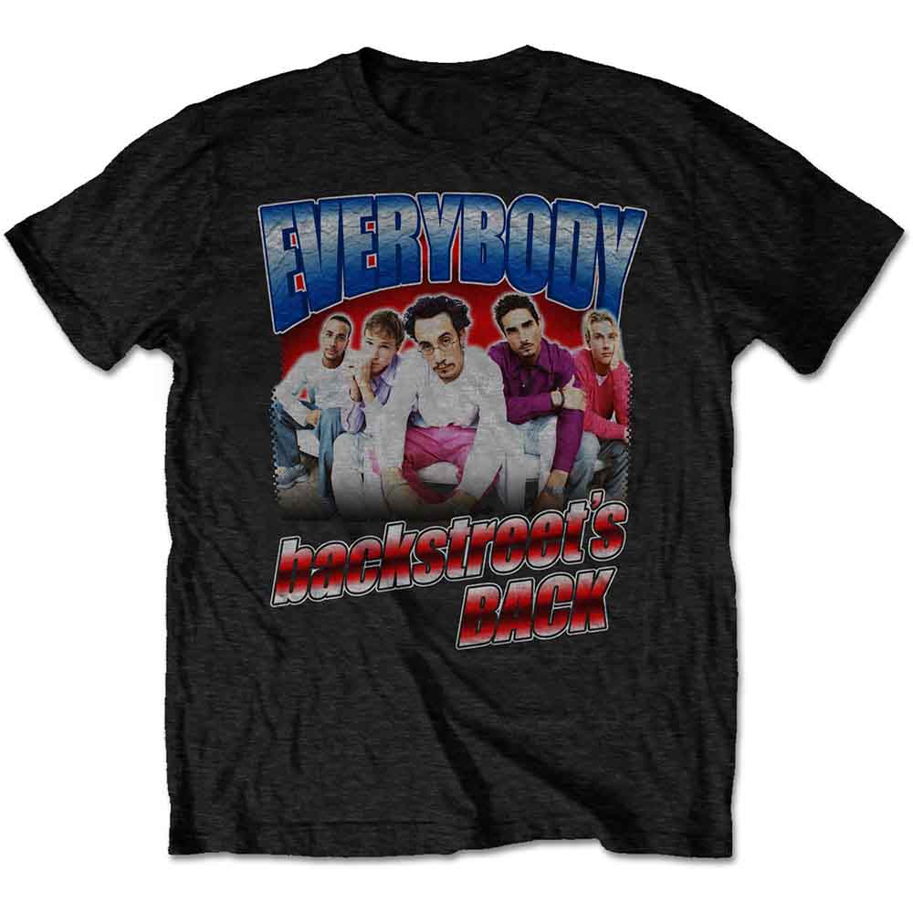 Black t-shirt with a collage graphic of the band Backstreet Boys.