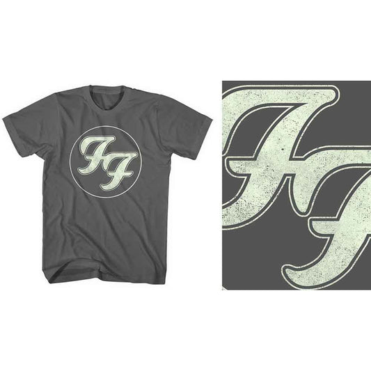 Black t-shirt with a distressed gold Foo Fighters logo on the chest.