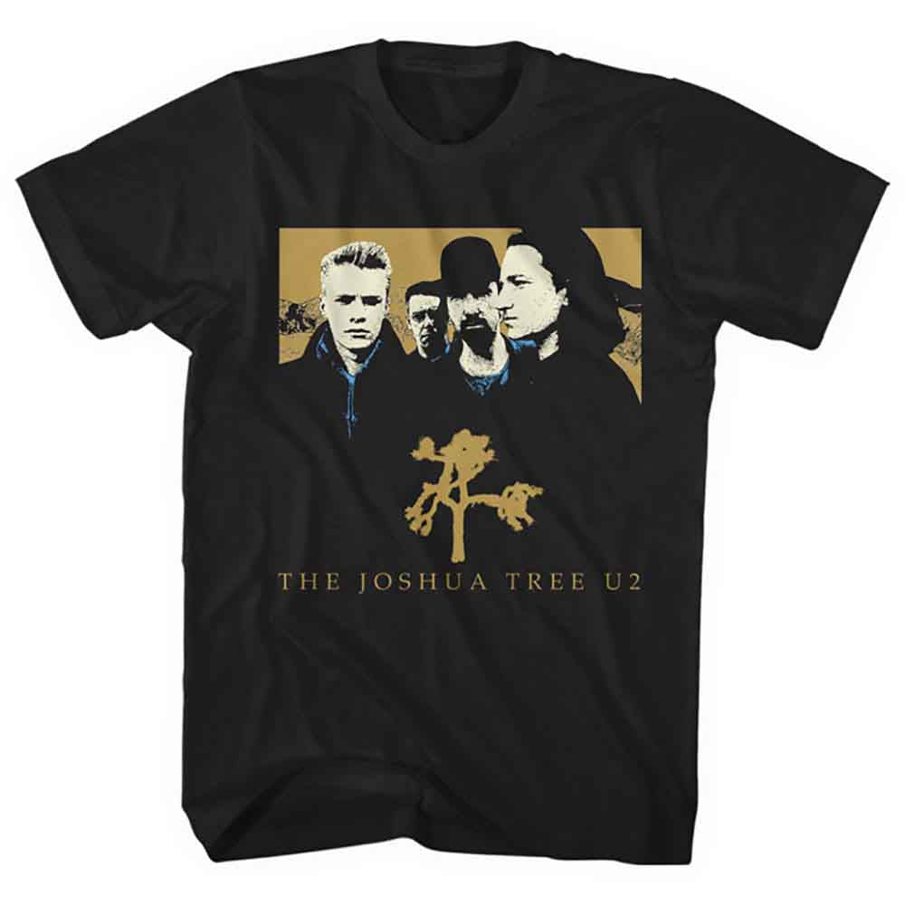 Black t-shirt with a graphic of U2 and a Joshua Tree.