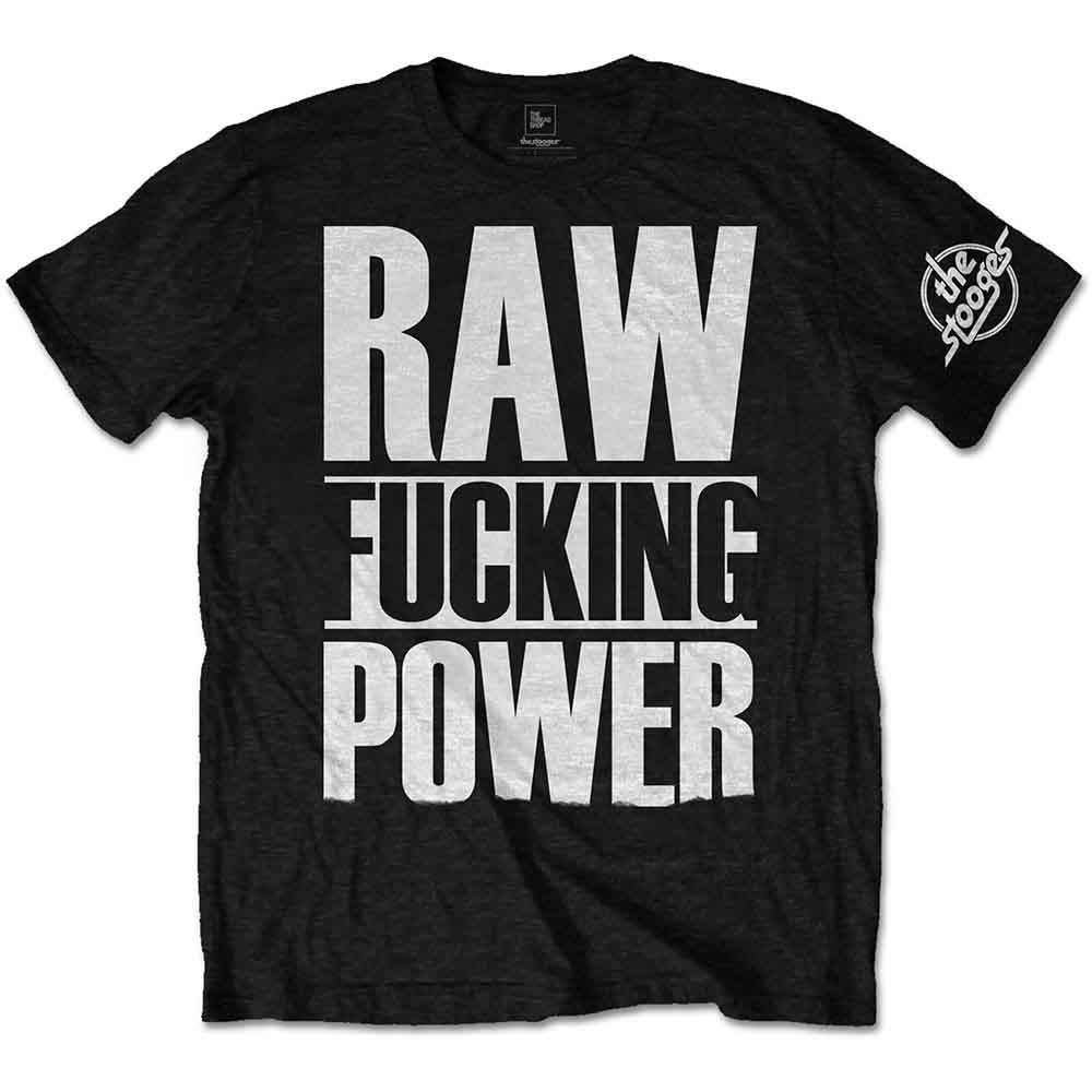Black t-shirt with white text reading "RAW FUCKING POWER" and a logo on the sleeve.