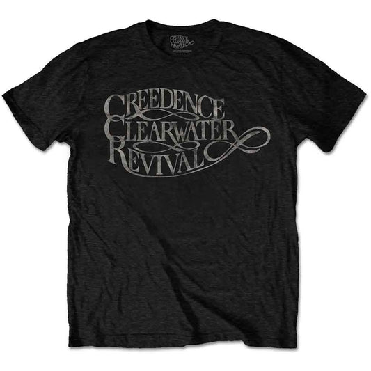 Black unisex t-shirt featuring a vintage Creedence Clearwater Revival logo in grey print.