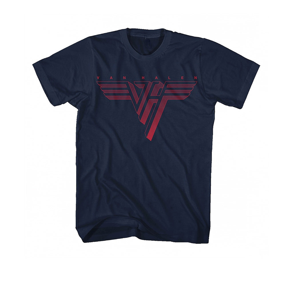Navy t-shirt with a red Van Halen logo featuring angled stripes.