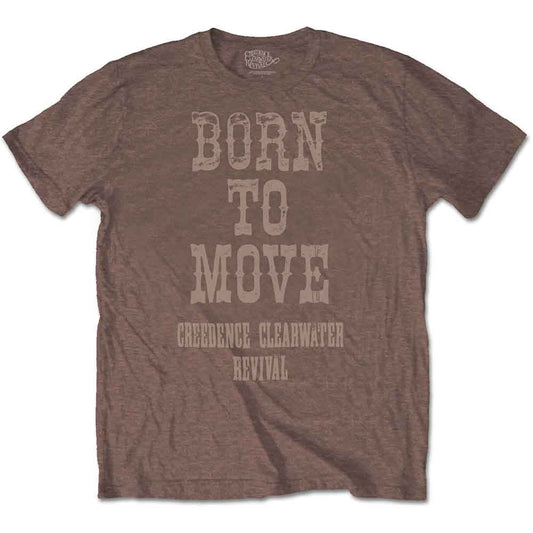 Brown unisex t-shirt with “Born to Move” and band name text.