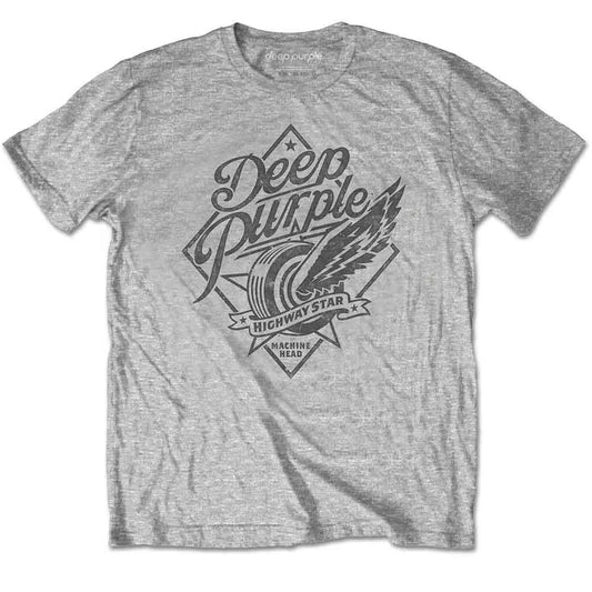 Grey Deep Purple t-shirt with winged wheel and band logo design.