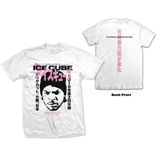 White t-shirt with Ice Cube portrait and Japanese text design.