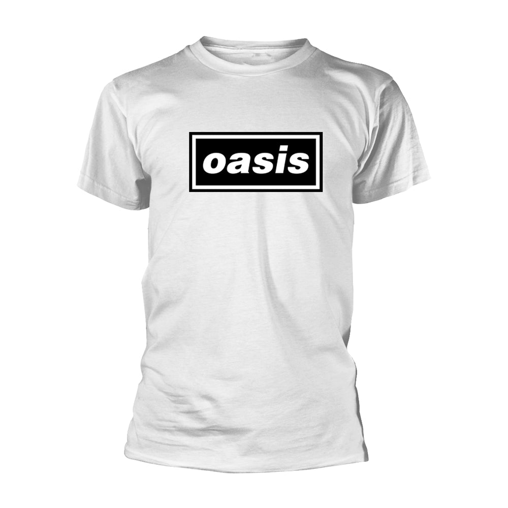 White t-shirt with black rectangular "oasis" logo on the chest.
