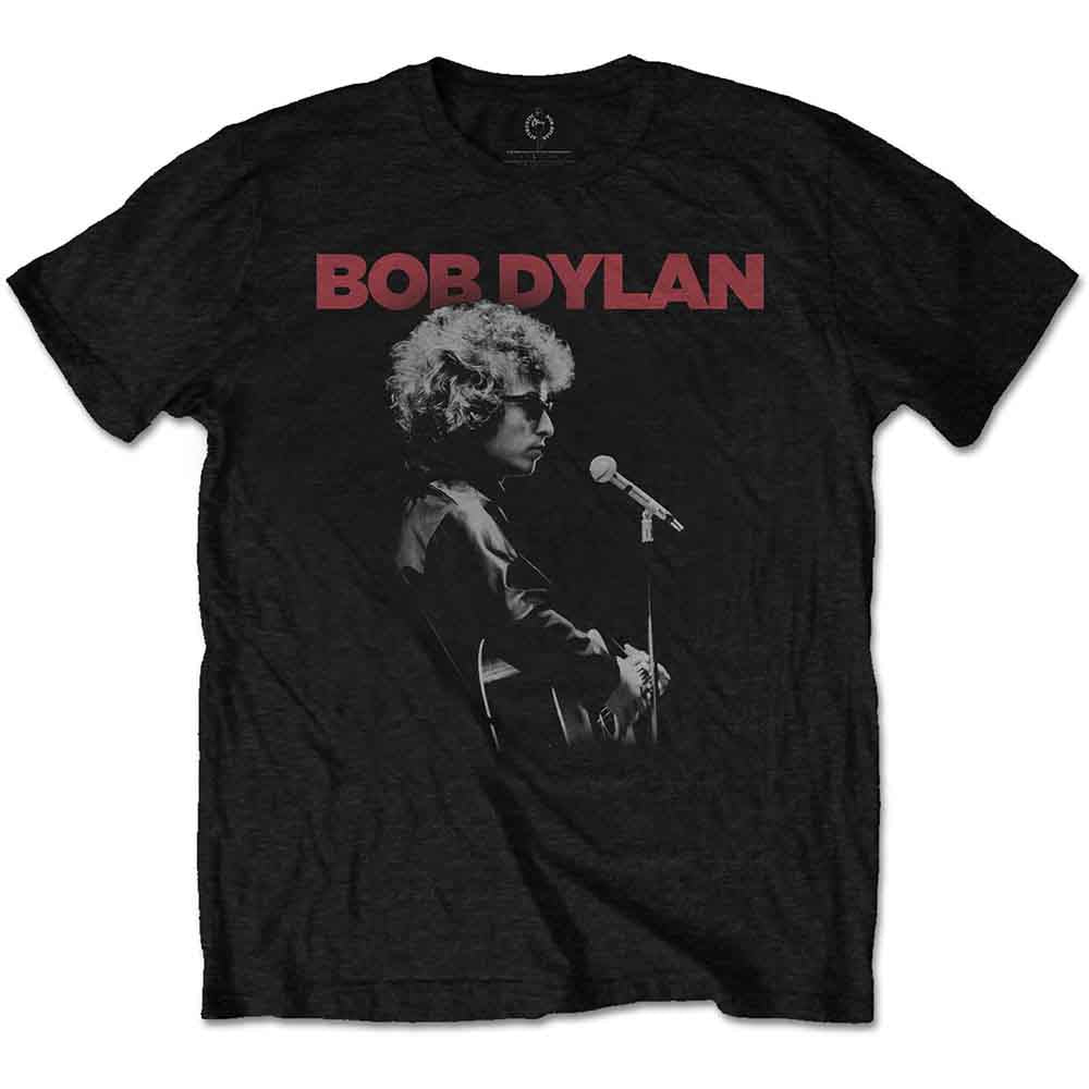 Black t-shirt featuring a profile photo of Bob Dylan and red text.
