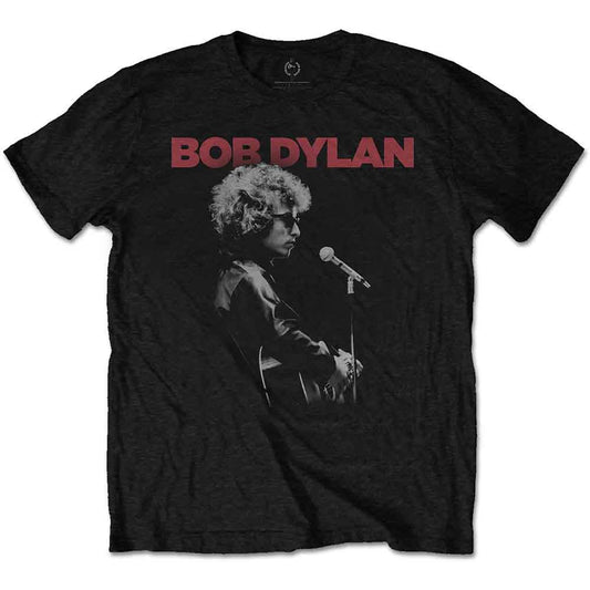 Black t-shirt featuring a profile photo of Bob Dylan and red text.