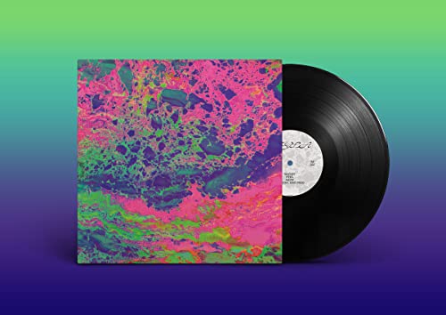 Colorful abstract vinyl record album cover with black disc beside it.