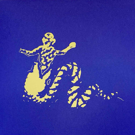 Gold abstract figure against a solid blue background, vinyl record cover.